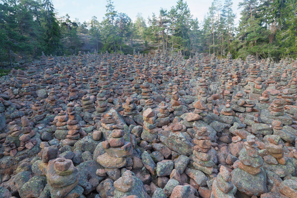 Alue metsässä peitetty monia salaperäisiä kivikasoja kylässä Geta saarella Aaland, osa Suomea Pohjois-Euroopassa
 - Valokuva, kuva