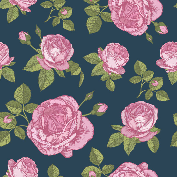 Vector floral seamless pattern with bouquets of pink roses in vintage style  - Vector, afbeelding