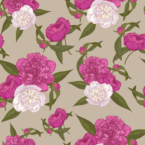 Vektor virág varrat nélküli mintát csokrok, kézzel rajzolt rózsaszín és fehér pünkösdi rózsa vintage stílusban  - Vektor, kép