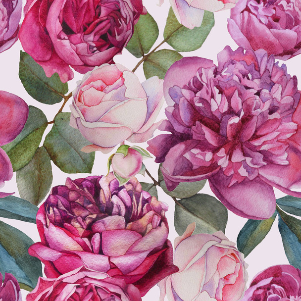 Floral seamless pattern with watercolor roses and peonies - Photo, image