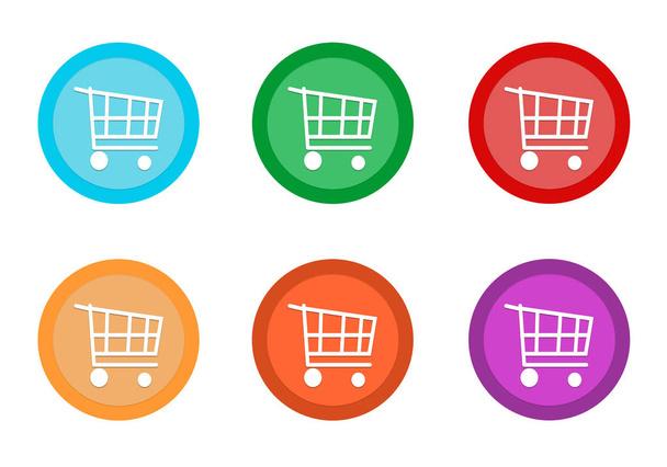Conjunto de botones de colores redondeados con símbolo de carrito de compras en colores azul, verde, rojo, amarillo, rosa y naranja
 - Foto, Imagen