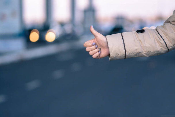 Hand of female hitchhiker girl with blurred lights and city on background. - Фото, изображение