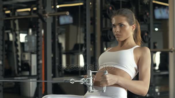 Strong woman lifting weights on training equipment in fitness club - Filmati, video