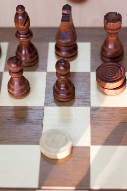 chess Board and chess pieces, Wooden chess pieces on a chess Board . - Fotoğraf, Görsel