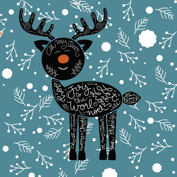 Christmas deer. Merry Christmas and Happy New Year. Vector illustration of deer silhouette.calligraphic or lettering poster or postcard. Vector Illustration - Vetor, Imagem