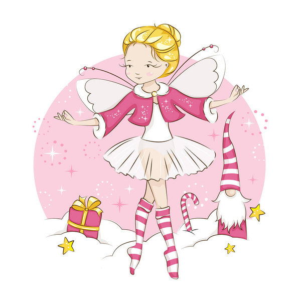schöne kleine Fee. Sie ist blond. Prinzessin tanzt in einem Ballerinakostüm. Sie trägt Socken mit weihnachtlichem Muster und einen roten Mantel mit Pelzbesatz. Vektor auf weißem Hintergrund.  - Vektor, Bild