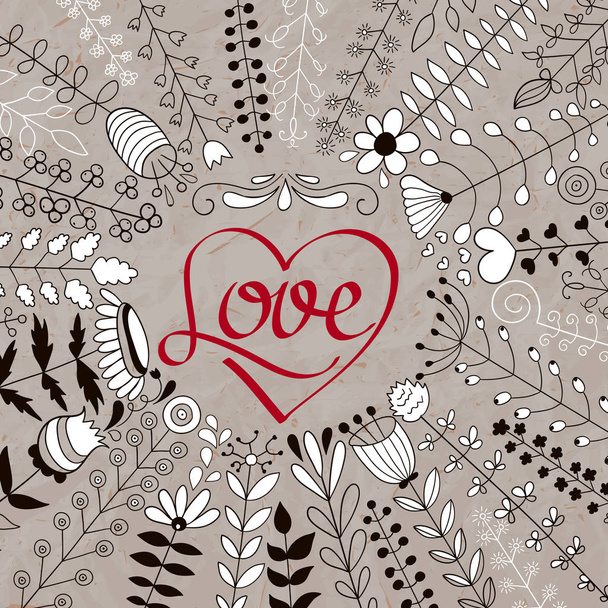 Ilustração vetorial de grinalda floral e letras de amor vermelho
   - Vetor, Imagem