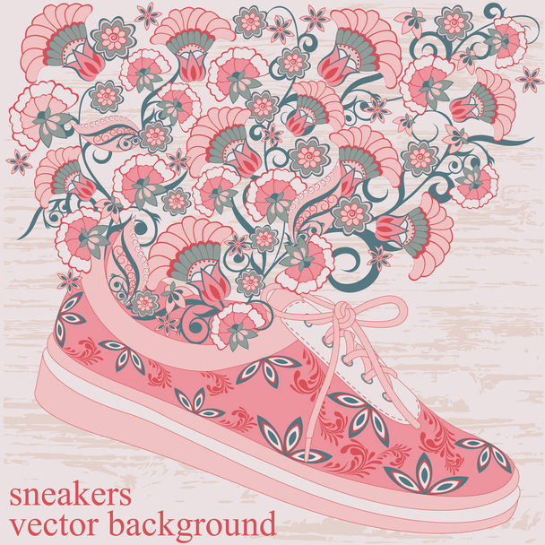 sneakers with a pattern and flowers - Διάνυσμα, εικόνα