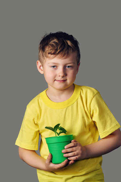Lächelnder Junge mit Sprossen in der Hand, auf grauem Hintergrund - Foto, Bild