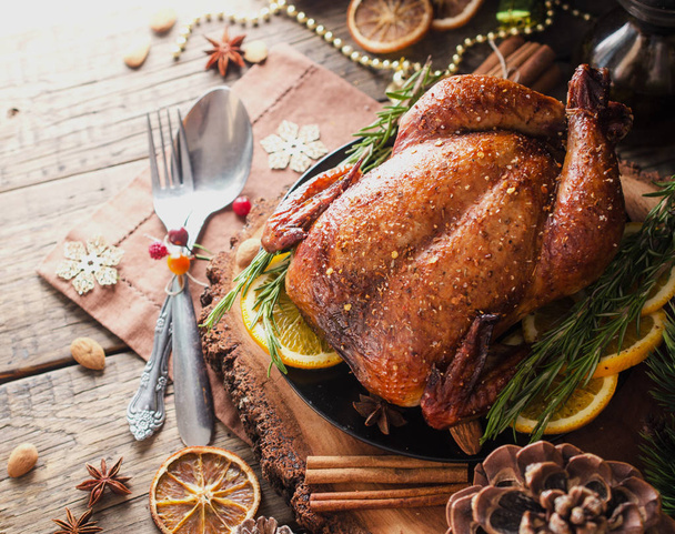 Baked turkey for Christmas or New Year space for text - Photo, image