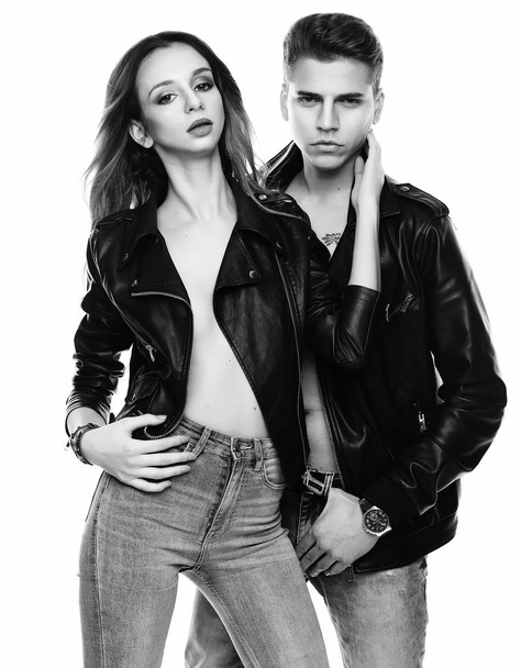 Fashion shoot of a sexy couple - black and white picture - Photo, image