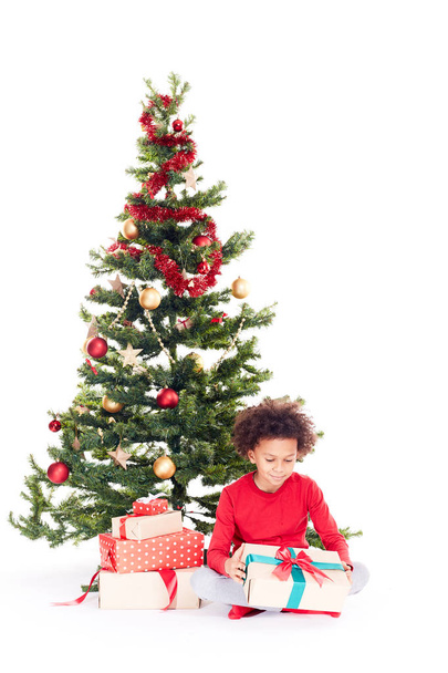 Mixed race boy near Christmas tree - Foto, Imagen
