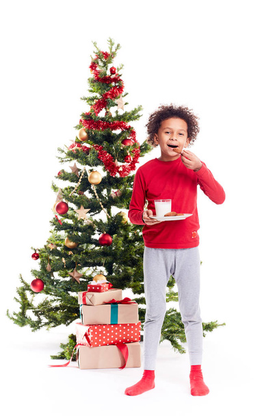 Mixed race boy near Christmas tree - Φωτογραφία, εικόνα