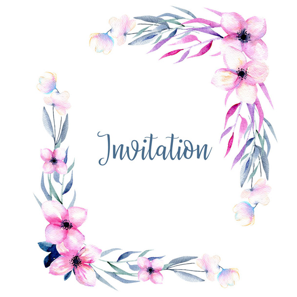 Watercolor wildflowers and branches corner borders in pink and blue shades, hand drawn isolated on a white background, Mother's day, birthday and other greeting cards  - Фото, изображение