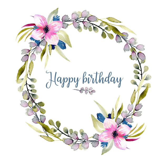Aquarel wilde bloemen en groene takken krans, hand getrokken geïsoleerd op een witte achtergrond, verjaardag en andere wenskaarten  - Foto, afbeelding