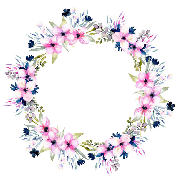 Aquarell-Wildblumen und Wiesenkranz, handgezeichnet isoliert auf weißem Hintergrund, für Hochzeits-, Geburtstags- und andere Grußkarten  - Foto, Bild