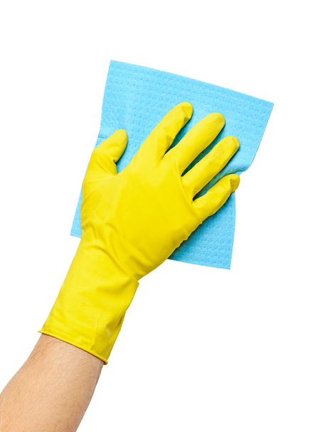 Hand in gelben Handschuh mit Schwamm - Foto, Bild
