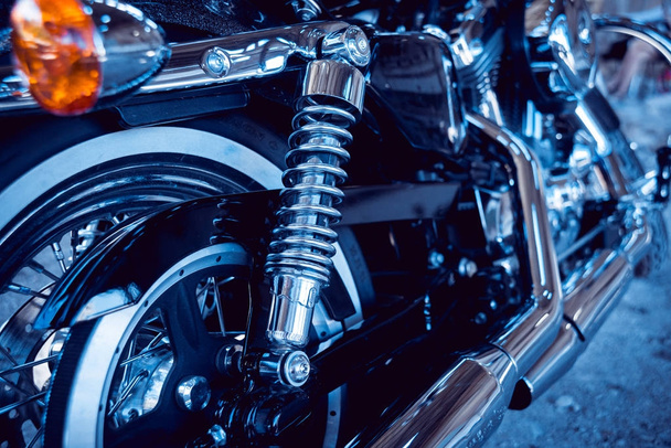 Close up of motorcycle wheel. Chrome details. - Fotó, kép