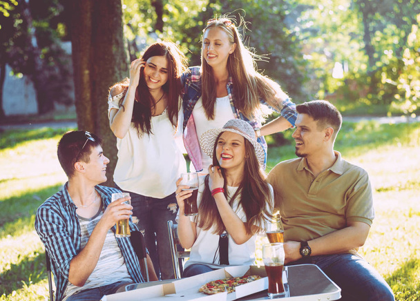 Cheerful friends on picnic in the park. Smiling and talking. - 写真・画像