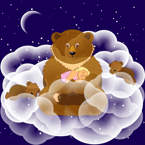 Dreams. Fantasy illustration. Fantastic bear with cubs in the cl - Vector, Image