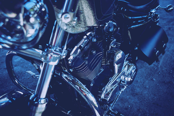 Close up of motorcycle engine. Chrome details. - Fotó, kép