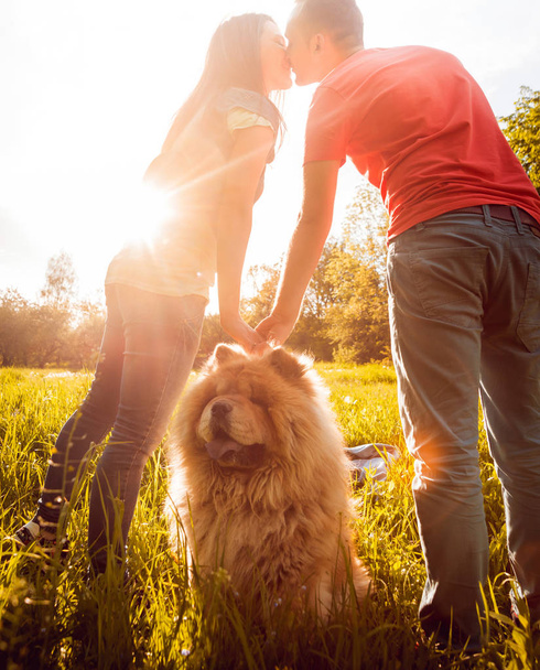 Young couple with their dog chow-chow walking in the park and having good time - Φωτογραφία, εικόνα