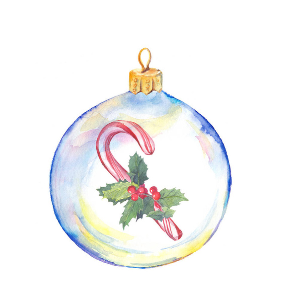 Christmas transparent bauble - holiday candy cane and mistletoe. Watercolor - Zdjęcie, obraz