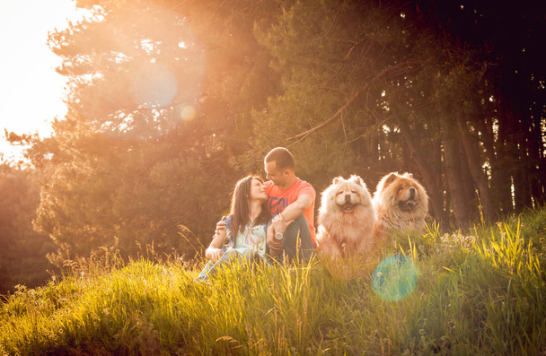 Young couple with their dogs chow-chow walking in the park and having fun - Foto, immagini