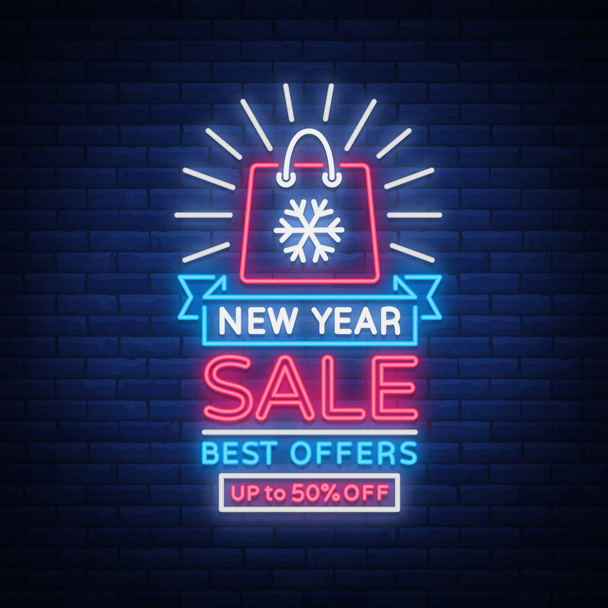 New Year Sale Card in Neon Style. Neon sign on New Year discounts. Happy New Year. Flyer, discount advertising, bright banner, flashing night sign, neon text. Vector illustration - Vettoriali, immagini