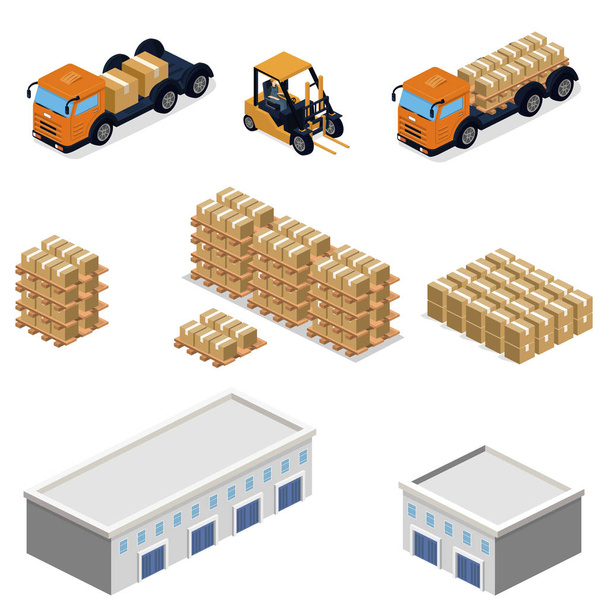 set di oggetti per la creazione di magazzino con carrello elevatore e merci, illustrazione vettoriale 3D isometrica
 - Vettoriali, immagini