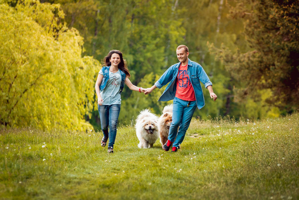 Young couple with their dogs chow-chow walking in the park and having fun - Valokuva, kuva