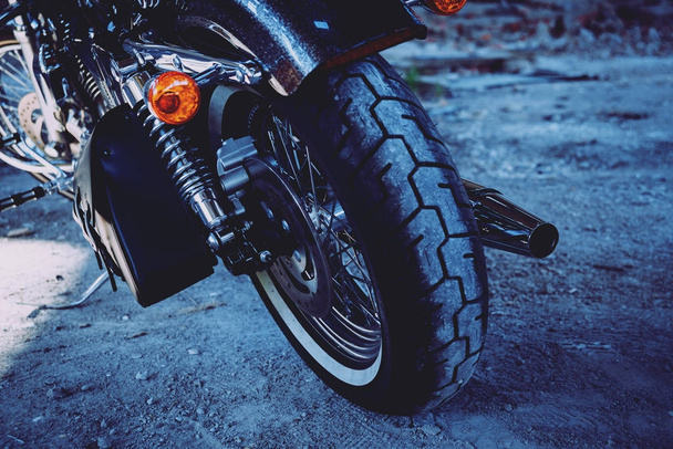 Close up of motorcycle wheel. Chrome details. - Φωτογραφία, εικόνα