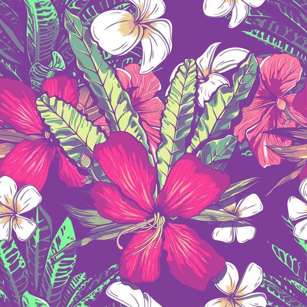Häät saumaton kuvio suunnittelu eksoottisia trooppisia kukkia ja lehtiä. vektori
 - Vektori, kuva