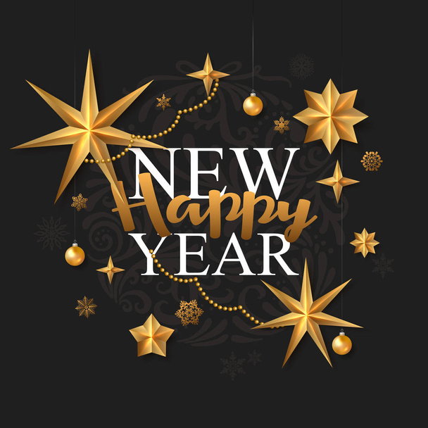 Happy New Year Greeting Card Decorated Gold Stars Balls and Snowflakes on black background. Vector illustration - Vecteur, image