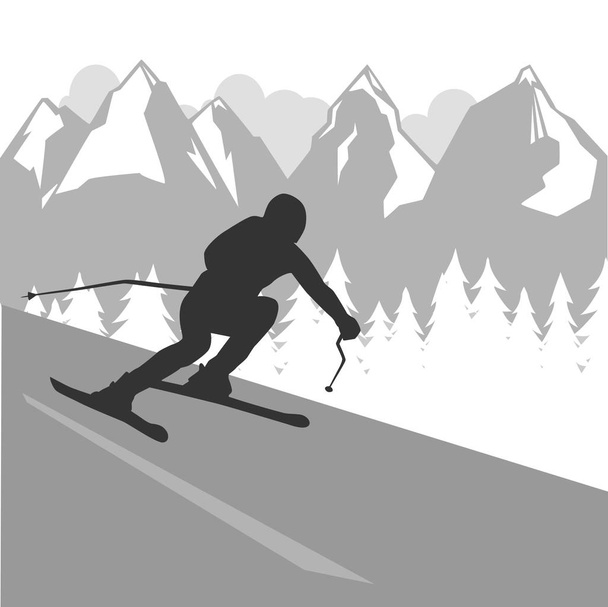 sobre un fondo de montañas abstractas. una persona va rápido en esquí alpino. silueta oscura. - Vector, imagen