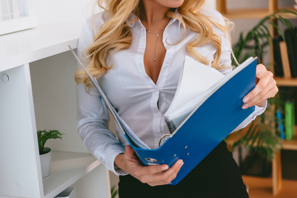 cropped image of sexy woman holding folder with documents - Photo, Image