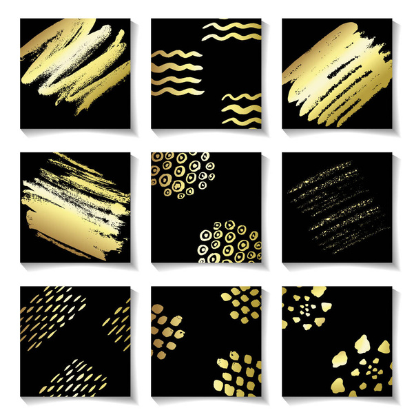 Set of gold ink brushes grunge square patterns, hand drawing backgrounds, brush strokes elements. - Вектор, зображення