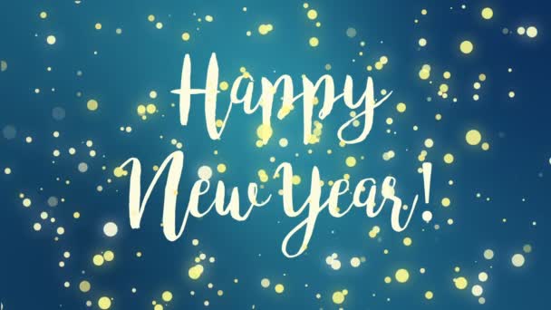 Teal azul Feliz Año Nuevo tarjeta de felicitación video animación con texto escrito a mano y la caída de partículas brillantes
. - Imágenes, Vídeo
