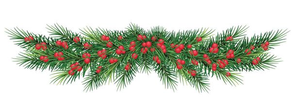  long garland of Christmas tree branches and red berries. Vector - Vector, Image