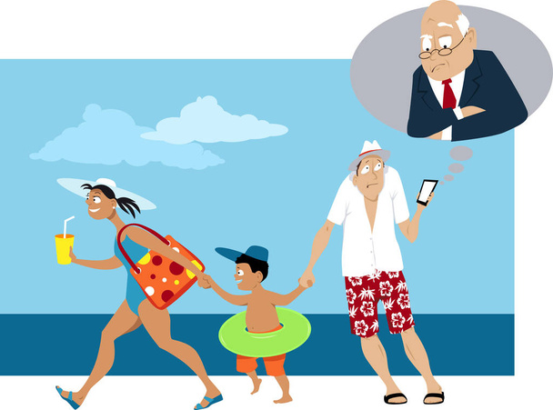 Homem recebendo uma mensagem de seu chefe durante as férias com a família, EPS 8 ilustração vetorial
 - Vetor, Imagem