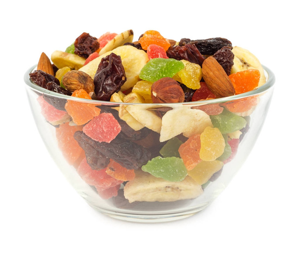 Dried fruits in glass bowl isolated - Photo, Image