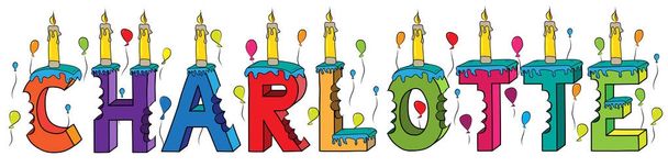 Charlotte primo nome morso colorato 3d lettering torta di compleanno con candele e palloncini
 - Vettoriali, immagini