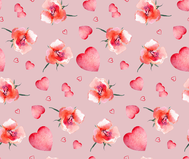 Бесшовный фон с дикой розой и сердцем
 - Фото, изображение