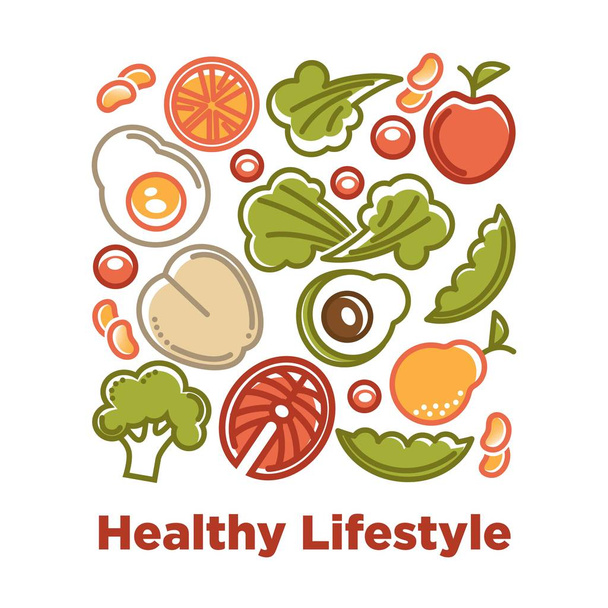 Dietary natural products with low calories contain. Fresh broccoli, orange slice, fried egg, ripe apple, lettuce leaves, salty salmon, juicy pear, green avocado and porridge seed vector illustrations. - Διάνυσμα, εικόνα