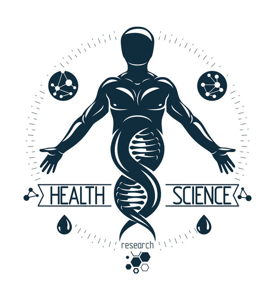 Ilustración vectorial del humano, atleta representado como la continuación del símbolo de ADN y creado con conexiones de marco de alambre. Concepto de bioingeniería y genética
. - Vector, Imagen