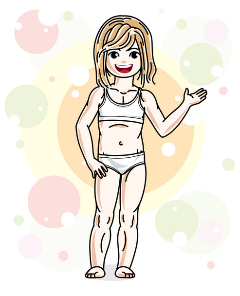 Beautiful happy little blonde girl in underwear posing on colorful backdrop with bubbles and circles. Vector attractive kid illustration. - Wektor, obraz