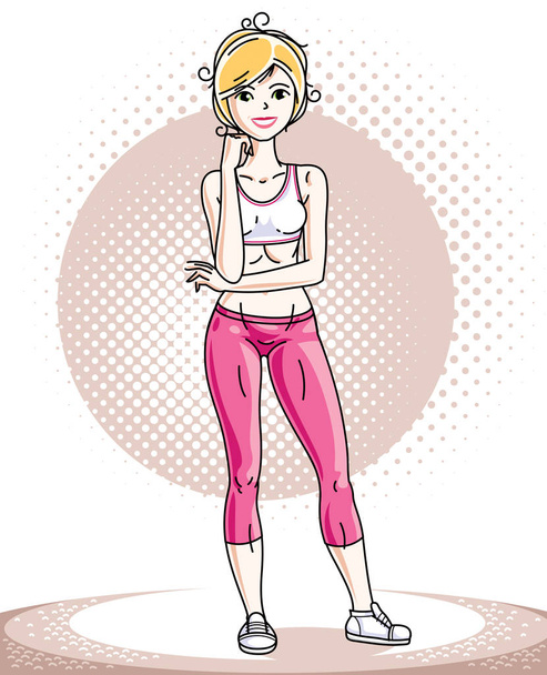 Young beautiful blonde slim woman adult standing. Vector illustration of nice lady wearing pink leggings and T-shirt. Work out and training theme. - Вектор,изображение
