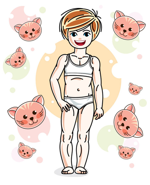 Pretty little redhead girl in underwear standing on animals background. Vector pretty nice human illustration.  - Vetor, Imagem