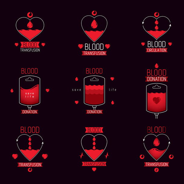 Vector blood donation conceptual illustrations collection. Healthcare and medical treatment concepts for use in pharmaceutical business. - Vektör, Görsel