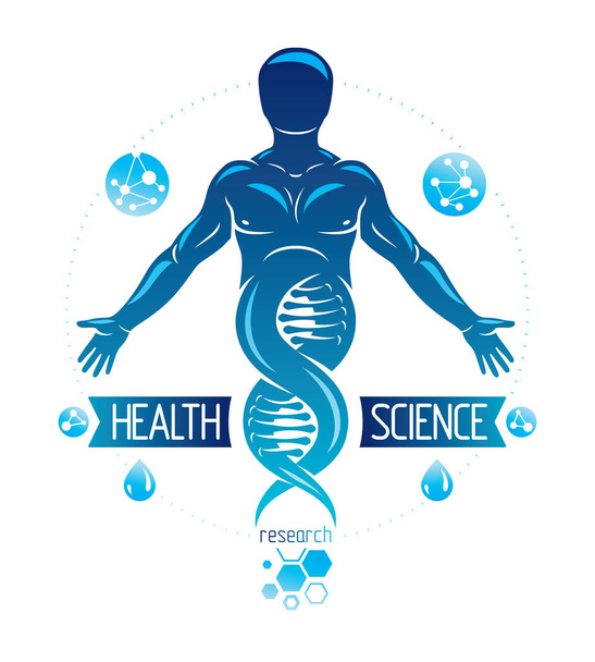 Vektori kuva ihmisen, urheilija kuvattu DNA-symboli jatkoa ja luotu langallinen runko yhteyksiä. Biotekniikan ja genetiikan käsite
. - Vektori, kuva